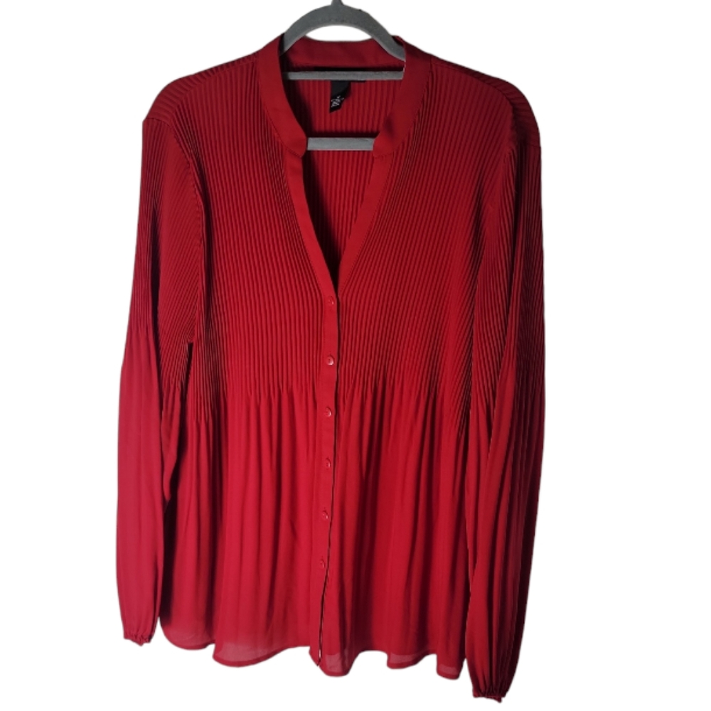 Alfani red pleated button front blouse v neck long sleeve women's plus size 16